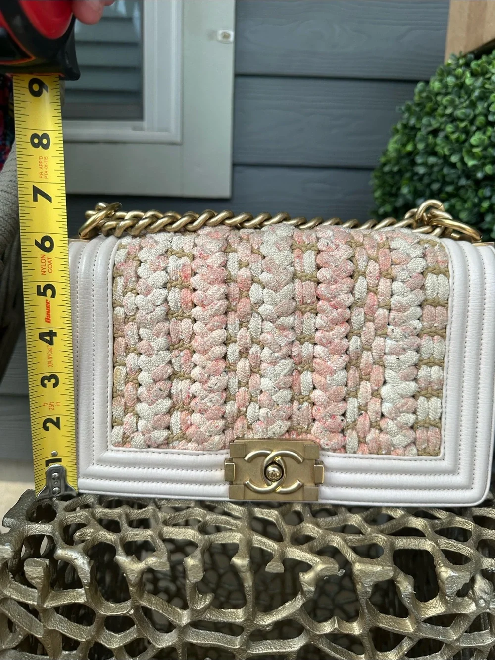 CHANEL Pink & Cream Tweed Boy Shoulder Bag with Gold Hardware